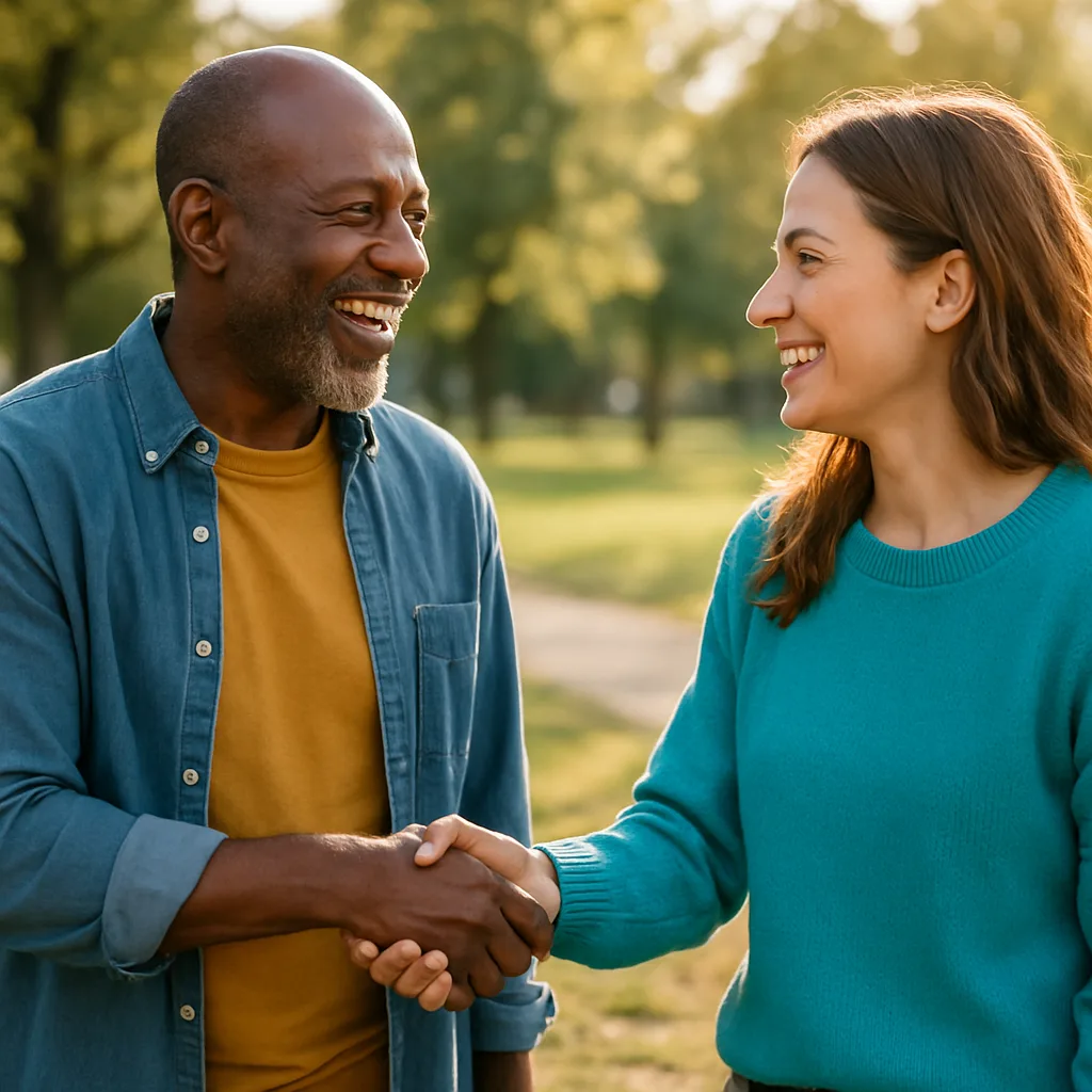 Two people meeting at a local park — genuinely local Guernsey dating