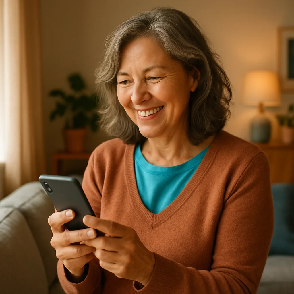 Smiling woman confidently checking her phone — verified profiles on The Guernsey Dating Site
